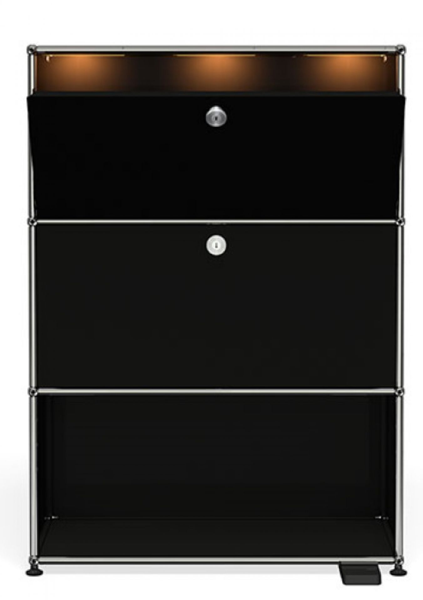 Schwarzes USM Haller Highboard mit Klapptüren und integrierter Beleuchtung für stilvolle Wohnraumgestaltung.